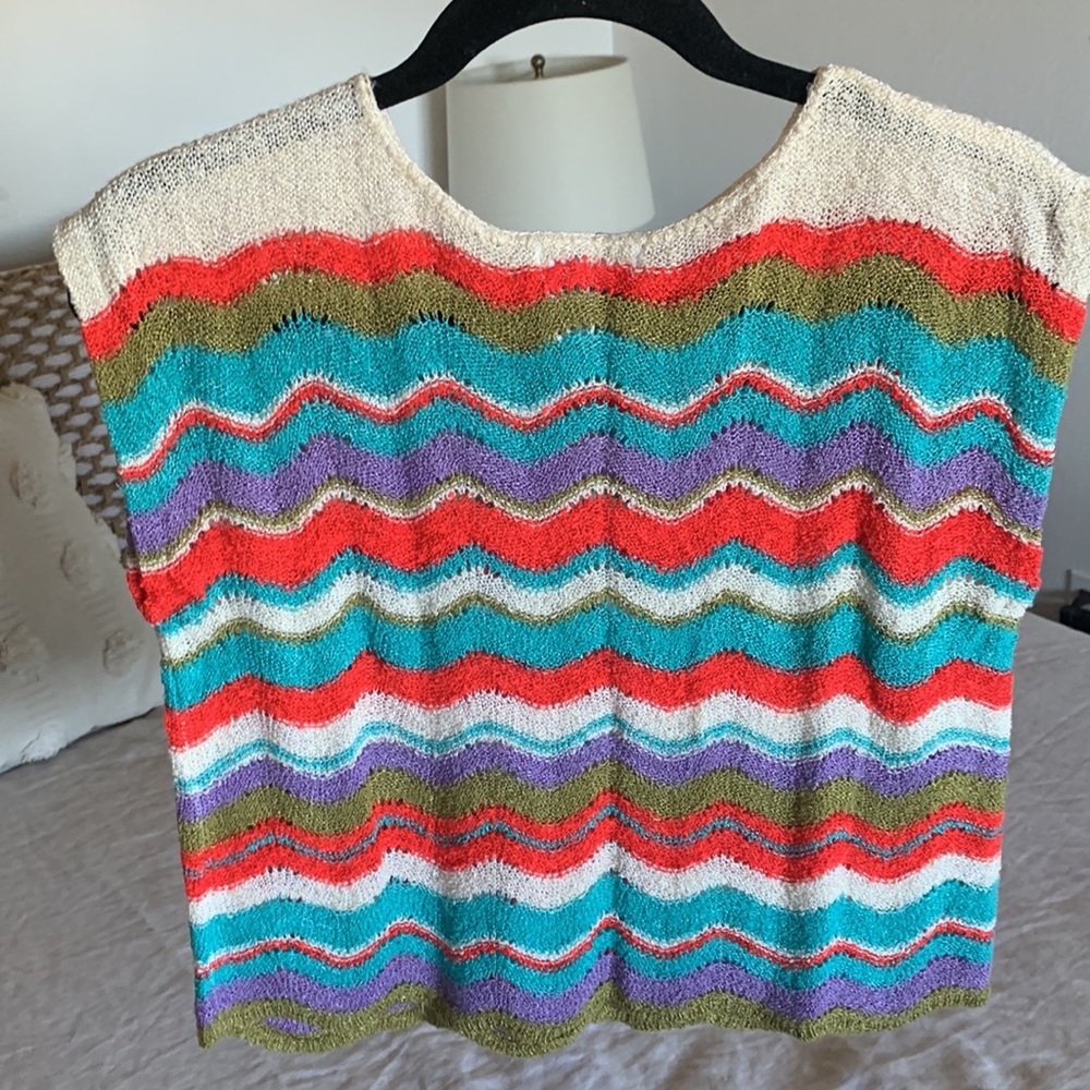 Vintage Vibrant Knit Woven 70s 80s Colorful Short Sleeve Crop Top - Picture 2 of 7